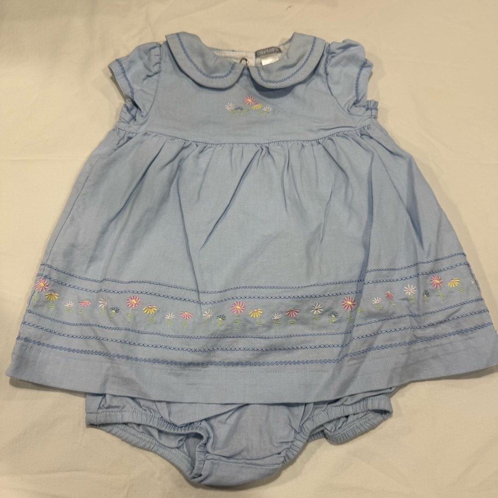 Carter's Sky Blue Dress with Floral Details & Matching Bloomers Size 9 Months